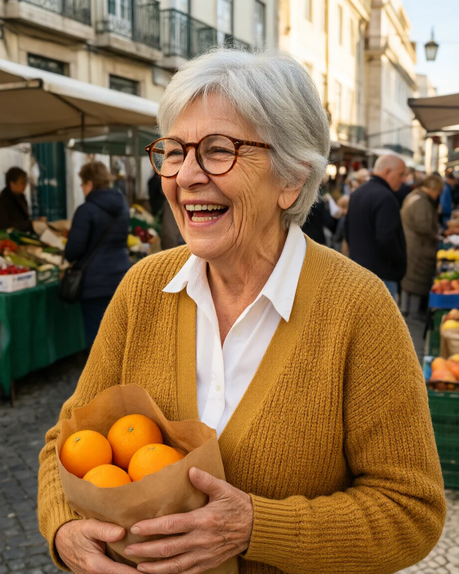Qwen Image 3.0: Candid street portrait photo of a fictional woman in her early 70s with short silver hair, deep laugh lines and round tortoiseshell glasses, wearing a mustard knit cardigan over a white collared shirt, laughing while holding a paper bag of oranges at an outdoor market in Lisbon.