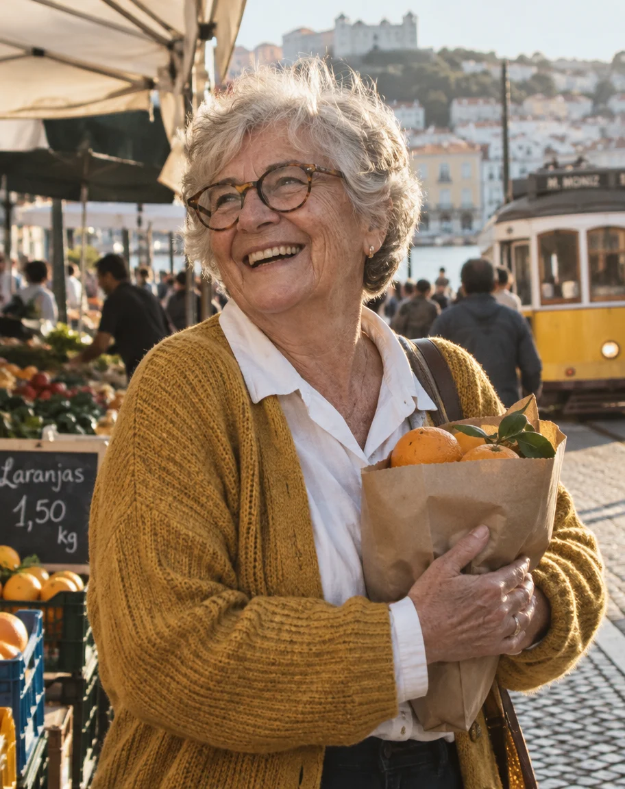 A laughing older woman with silver hair and tortoiseshell glasses holding a bag of oranges at a Lisbon market, a yellow tram behind her