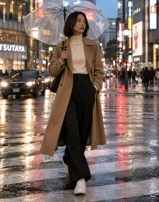 A woman with a black bob in a camel trench coat and wide-leg trousers walking across a rainy neon-lit crosswalk with a clear umbrella
