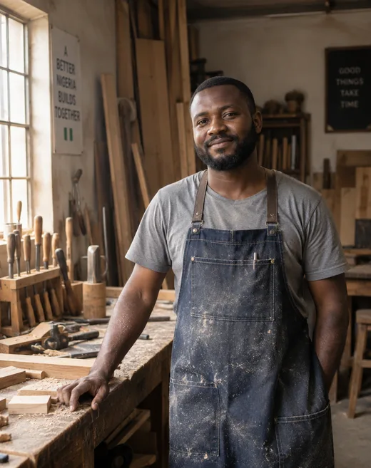 A smiling bearded man in a denim apron leaning on a workbench in a woodworking workshop with chisels and planks