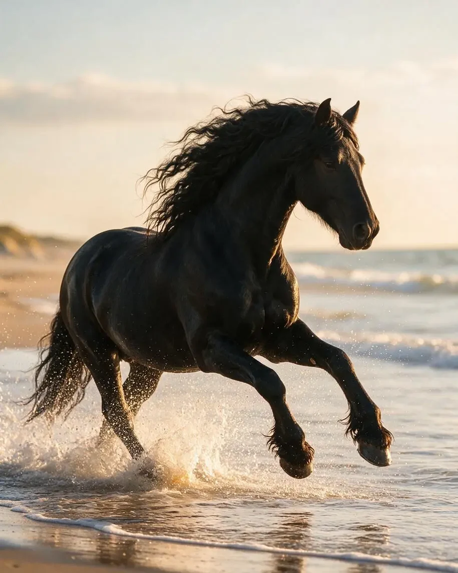 Photorealistic black Friesian horse with a long wavy mane galloping through shallow surf on a beach at golden hour
