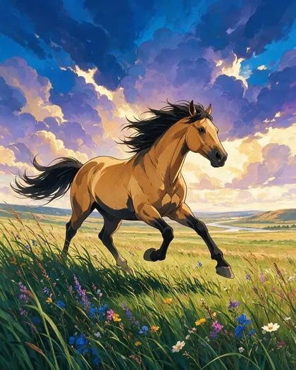 Anime-style buckskin mustang running across a prairie of wildflowers under a dramatic purple and blue sky