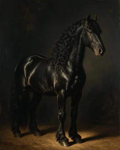 Classical oil painting portrait of the same black Friesian horse standing in a dark studio with warm light