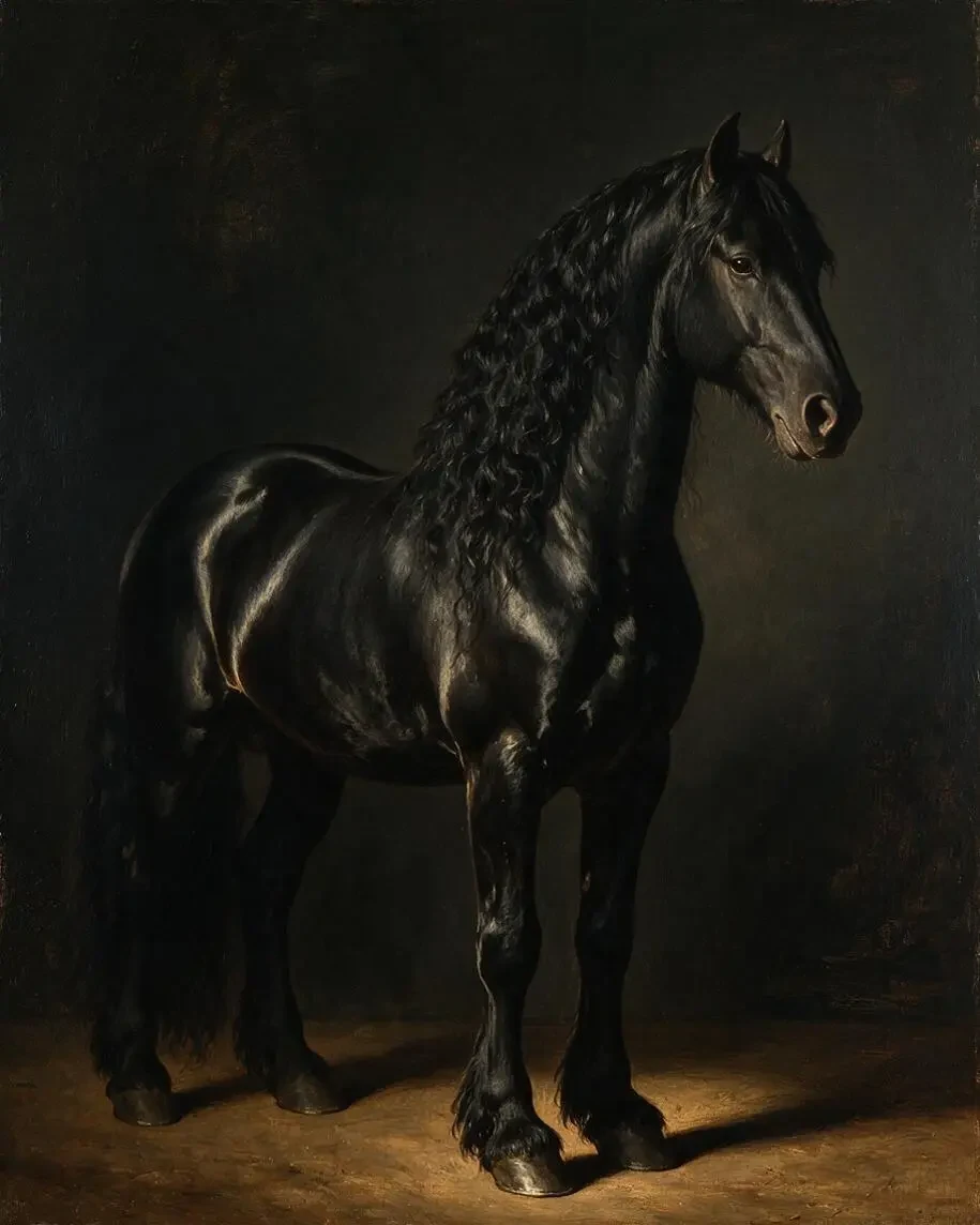 Oil portrait: Turn this photo into a classical equestrian oil portrait of the same black Friesian horse — same head shape, long wavy mane and markings — standing calmly …