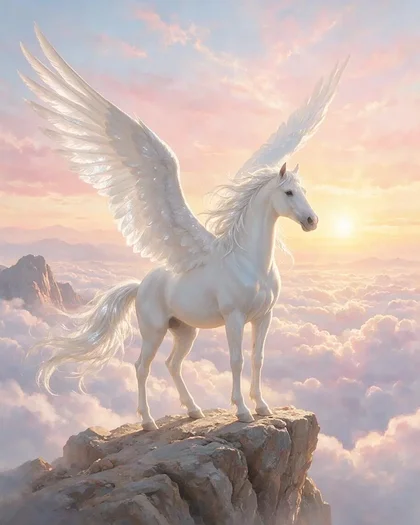 White winged pegasus with a silver mane standing on a cliff above a sea of clouds at sunrise, pastel fantasy painting