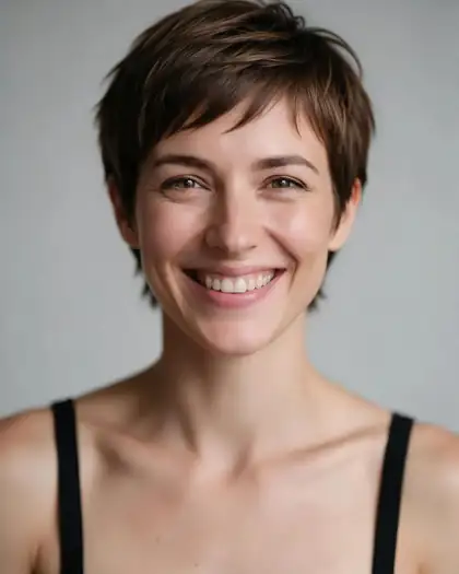 Same woman with a pixie cut