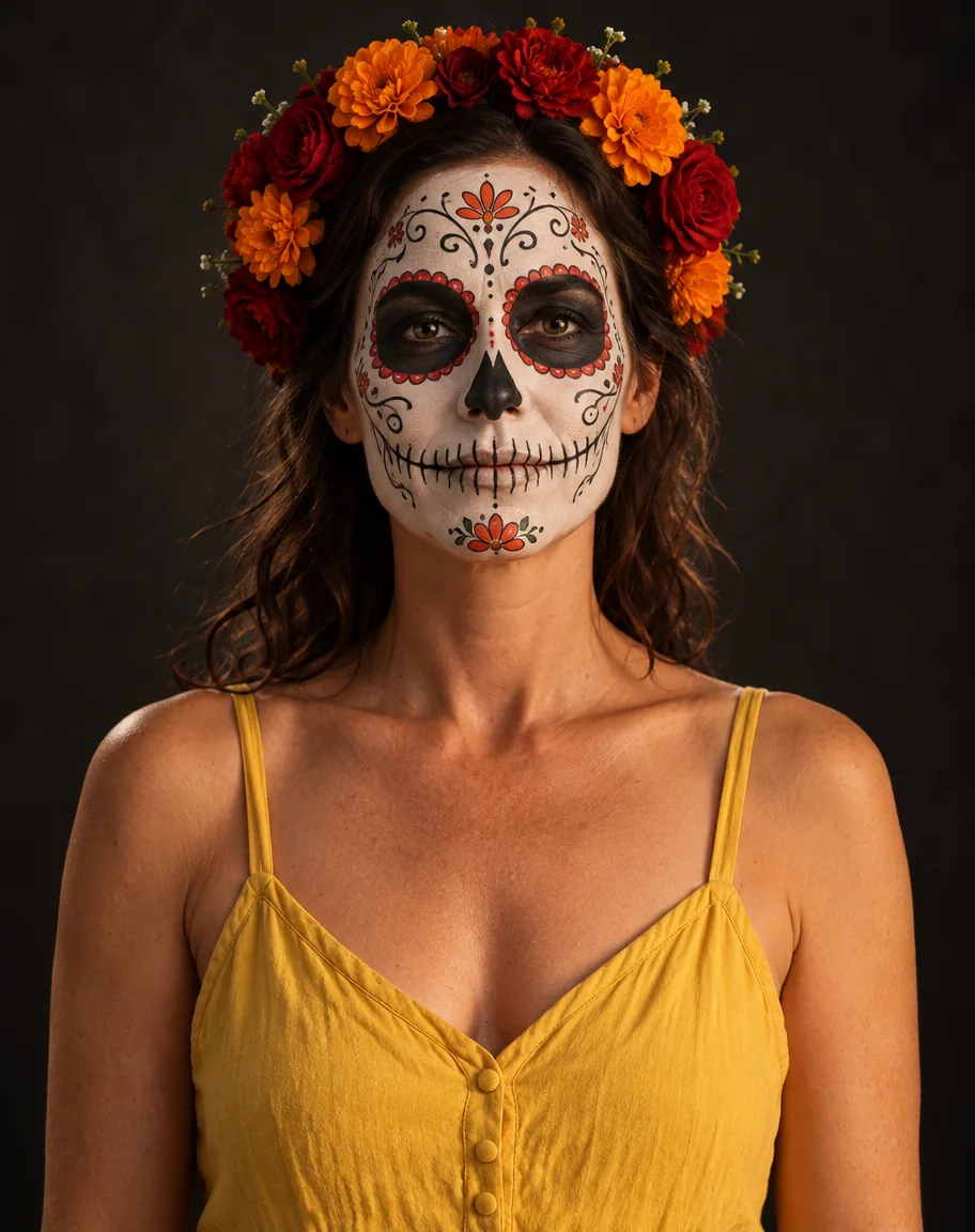 Skull face paint: Turn this photo into a Halloween witch portrait of the same woman. Keep her face recognisable — same wavy shoulder-length hair, smile and features. Black pointed witch hat and a dark velvet cloak, pumpkin patch at golden hour with glowing jack-o'-lanterns.