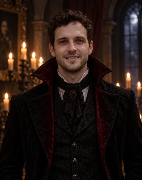A curly-haired man as an elegant vampire in a black velvet high-collared Victorian coat with red lining, in a candlelit gothic hall