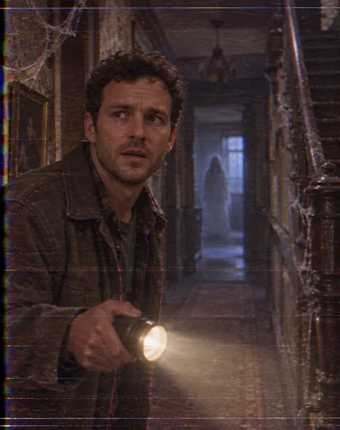A worried man with a flashlight in the hallway of a haunted house, a ghostly figure at the end of the corridor, with VHS scan lines and grain