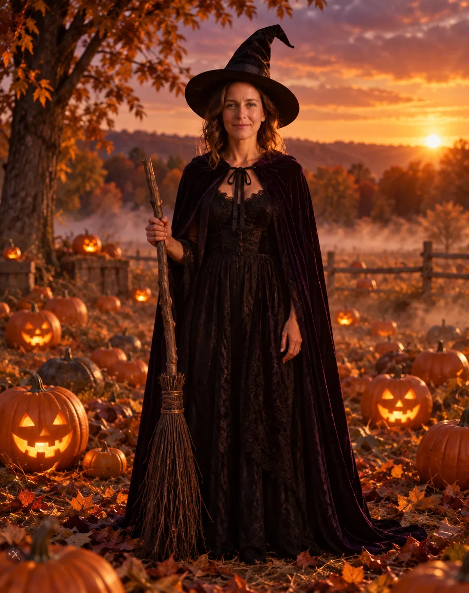 Witch: Turn this photo into a Halloween witch portrait of the same woman. Keep her face recognisable — same wavy shoulder-length hair, smile and features. Black pointed witch hat and a dark velvet cloak, pumpkin patch at golden hour with glowing jack-o'-lanterns.