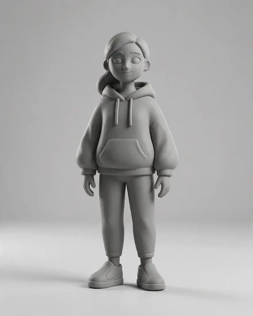 Grey 3D render and the anime character made from it — before