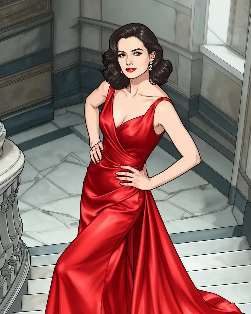 Photo-style image of a woman in a red gown and its anime version — after