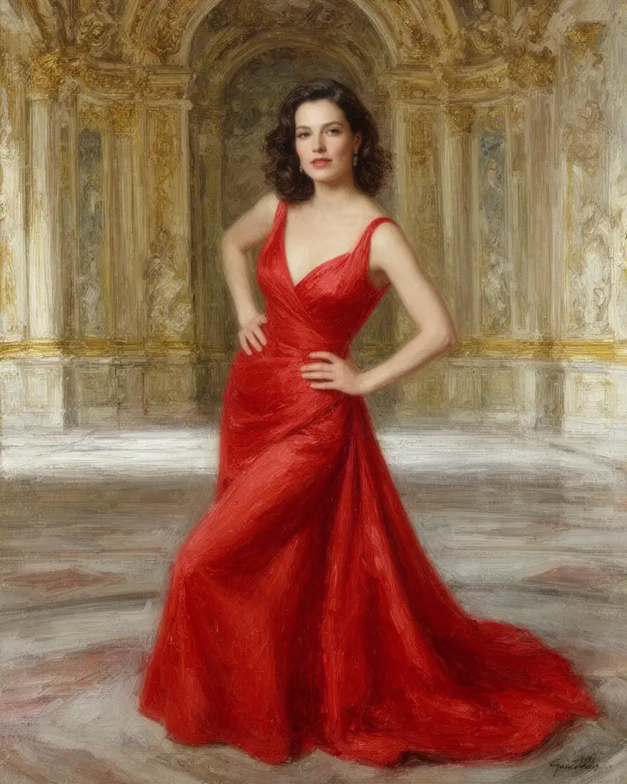 Photo-style image of a woman in a red gown and its oil painting version — after