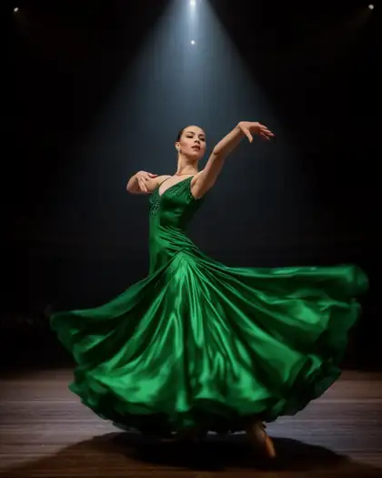 Dancer in an emerald gown on a dark stage, posed from a wooden mannequin