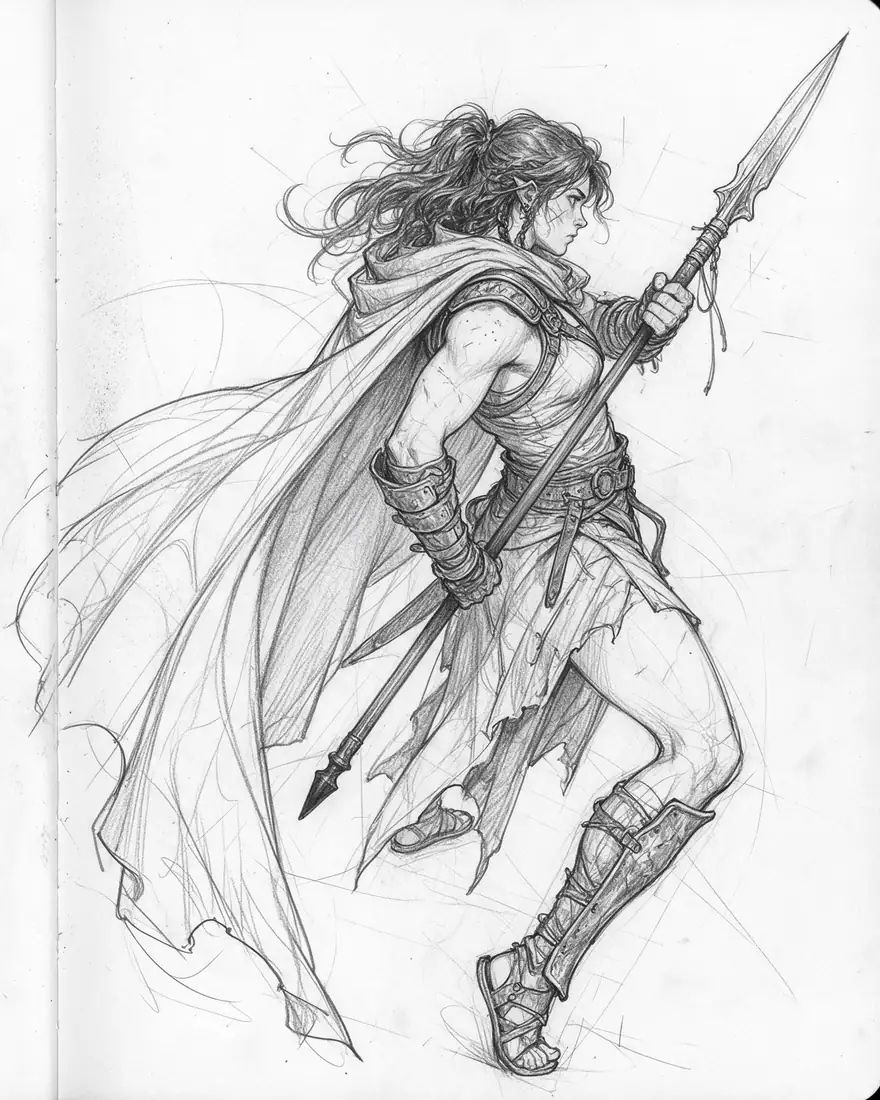 Pencil sketch of a warrior woman and the finished oil painting — before