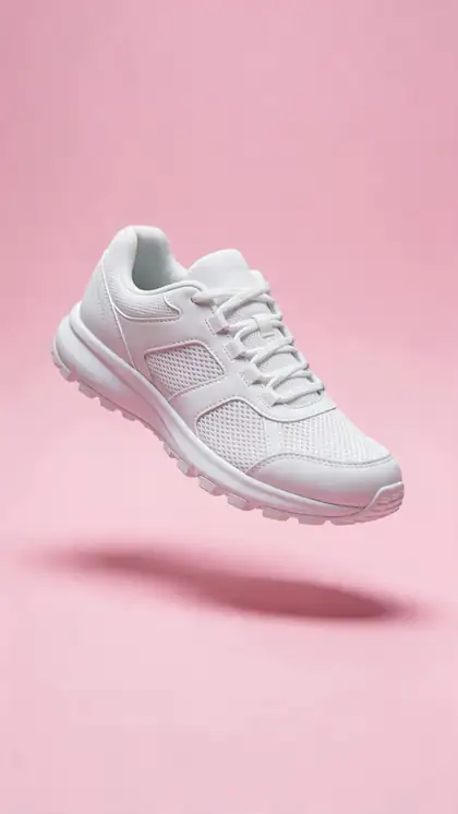 A white running sneaker floating above a pastel pink studio backdrop