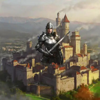 Ideogram v4: Portrait of a female knight in ornate silver armor holding a sword, castle background, detailed, soft light