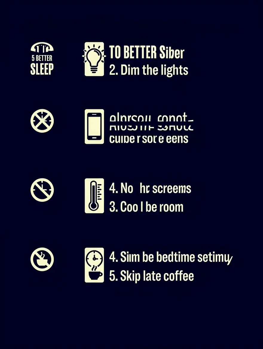 Infographic: Infographic titled '5 STEPS TO BETTER SLEEP' with five numbered sections: 'Dim the lights', 'No screens', 'Cool room', 'Same bedtime', 'Skip late coffee', flat icons, navy and cream