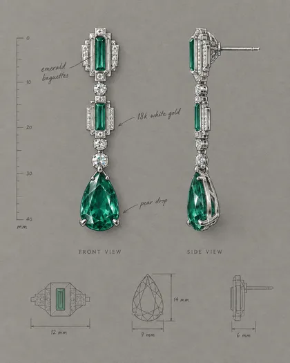 Gouache jewelry design sheet of art deco drop earrings in white gold with emerald baguettes and a pear-shaped emerald, front and side views
