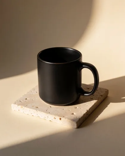 Black mug on travertine — made with Krea 2 Turbo