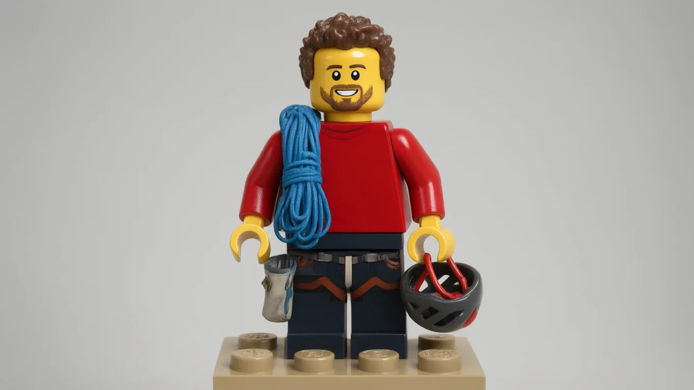 Photo of a climber with a rope, chalk bag and helmet against a grey backdrop (after)