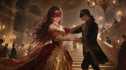 Woman in a gold and crimson Venetian mask at a candlelit masquerade ball