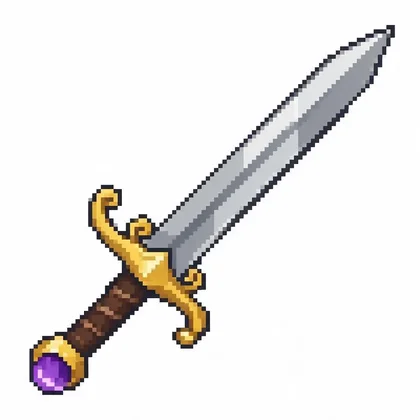 Pixel art item icon of a diagonal steel sword with a gold hilt and a purple gem, on white