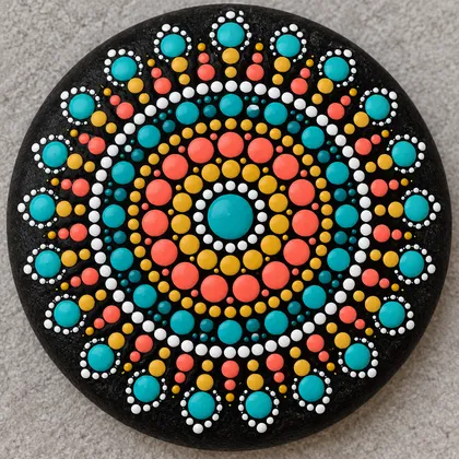 A dot mandala painted on a round black stone in teal, coral, yellow and white dots