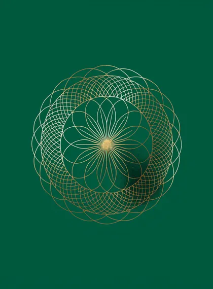 A thin gold-line mandala of overlapping rings around a lotus on a deep emerald green background