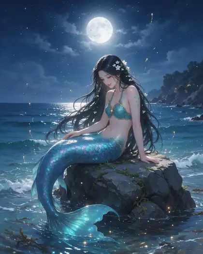 Mermaid with an iridescent teal tail on a moonlit rock by the ocean