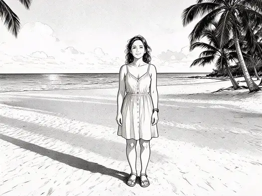 A beach photo of a woman in a sundress redrawn as a black-and-white manga panel with screentone, same pose and palm trees