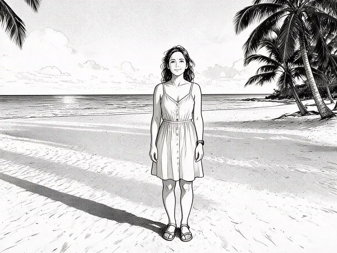 Manga panel: Turn this photo into a black-and-white manga panel: clean ink lines, screentone shading, the same woman in the sundress standing on the beach with the palm trees and the sea, same pose and framing, classic shoujo manga style, no text.