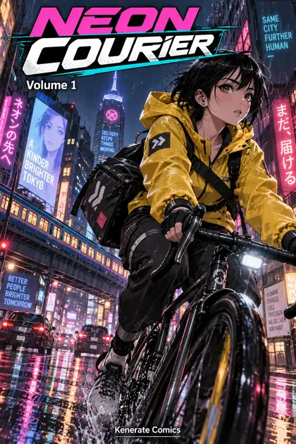 A colour manga cover titled NEON COURIER Volume 1 with a courier girl in a yellow rain jacket riding a bicycle through a neon city at night