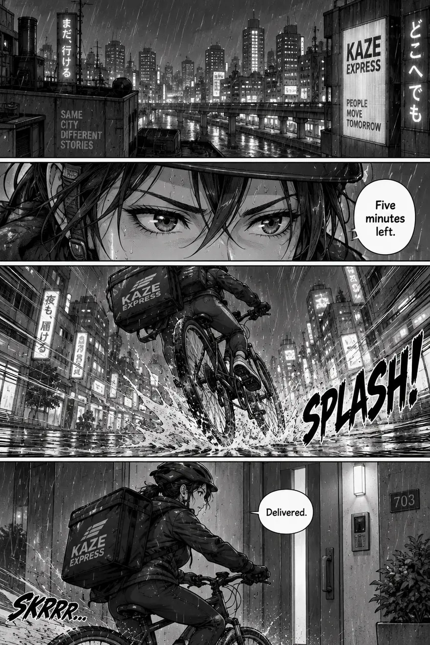 A black-and-white four-panel manga page of a courier girl racing a bicycle through a rainy city, with the bubbles “Five minutes left.” and “Delivered.” and a SPLASH! sound effect