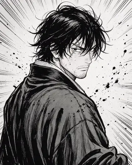 A black-and-white manga portrait of a swordsman with messy dark hair and a scarred eyebrow looking over his shoulder, with speed lines and ink splatter