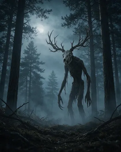A tall gaunt creature with a deer-skull head and branching antlers standing in a misty pine forest under the moon