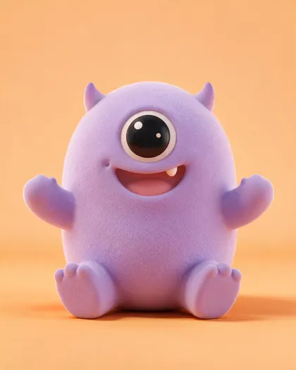 A round fluffy lilac monster with one big eye, two tiny horns and a happy grin, sitting on a pastel orange background, 3D vinyl toy style