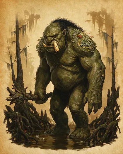 A hulking green moss troll with lichen and small mushrooms on its shoulders, holding a driftwood club in a cypress swamp, painted bestiary style on parchment