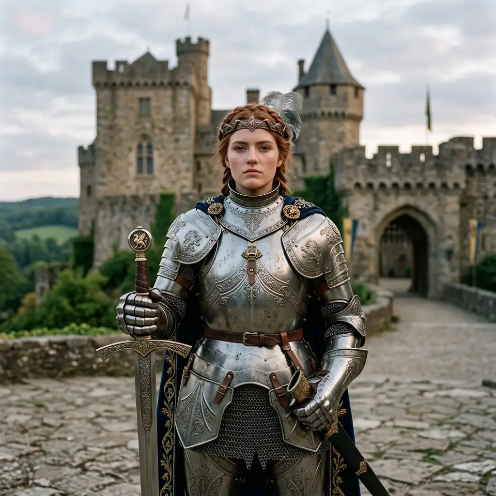 Nano Banana 2: Portrait of a female knight in ornate silver armor holding a sword, castle background, detailed, soft light