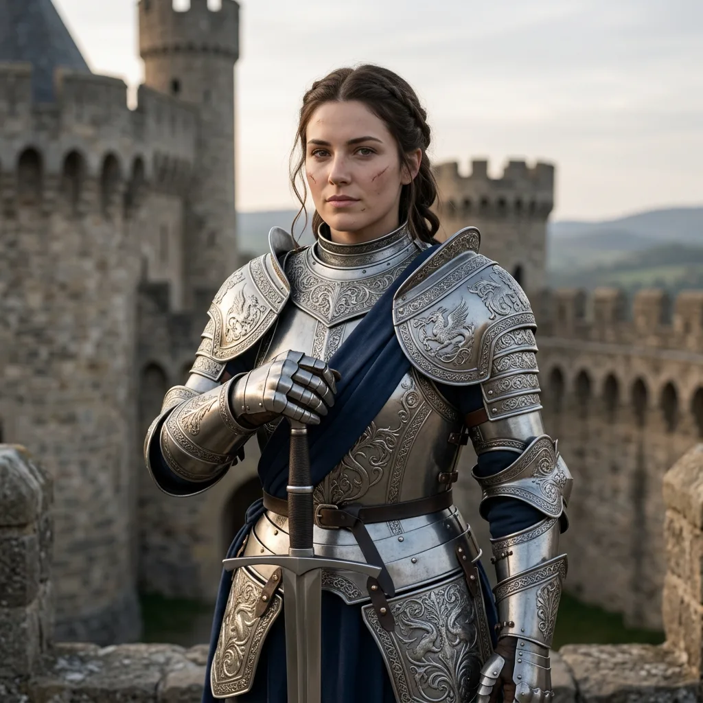 Nano Banana 2.1: Portrait of a female knight in ornate silver armor holding a sword, castle background, detailed, soft light