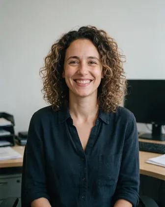 Original photo before the edit: Portrait of a smiling woman with curly hair in a plain office, neutral light