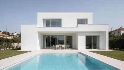 Original photo before the edit: Photo of a modern white house with a pool in the afternoon, flat midday light