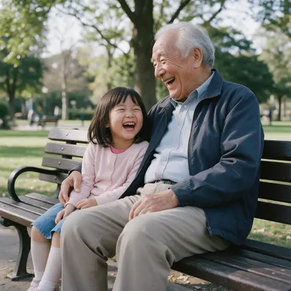 Original photo before the edit: Photo of a grandfather and his granddaughter laughing on a park bench