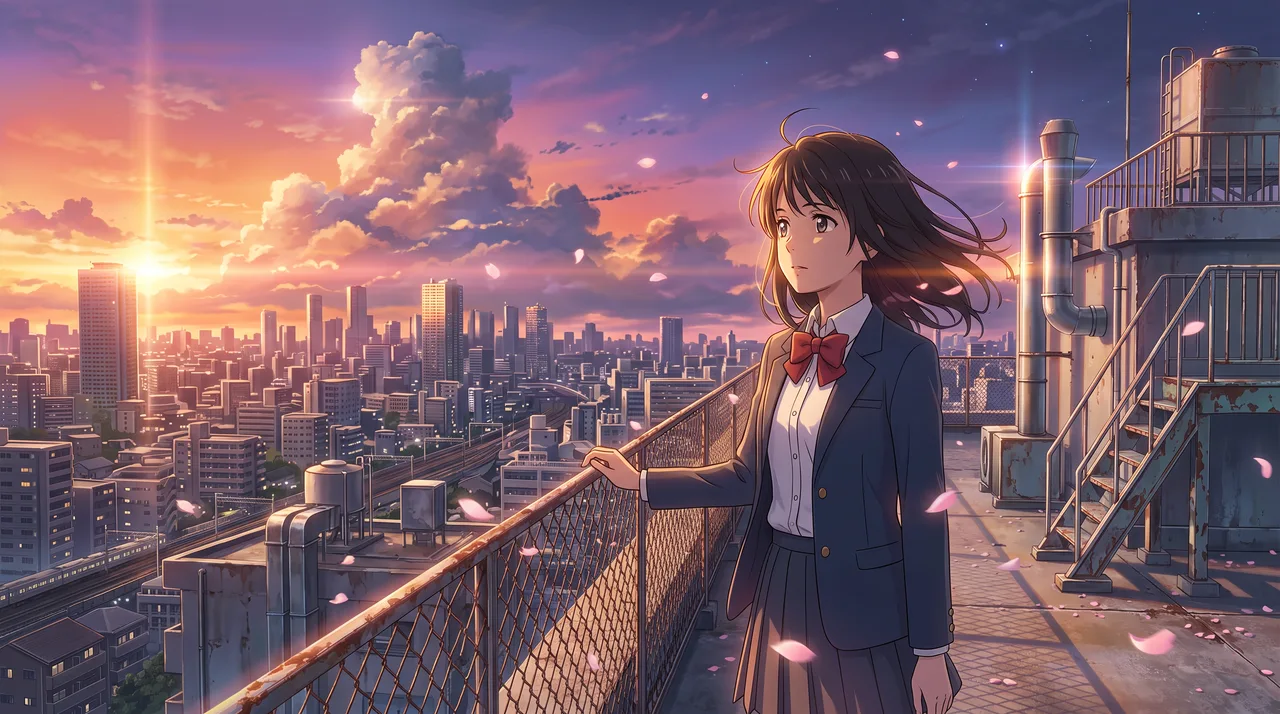 Anime rooftop key visual — Nano Banana 2.1 output for the prompt shown