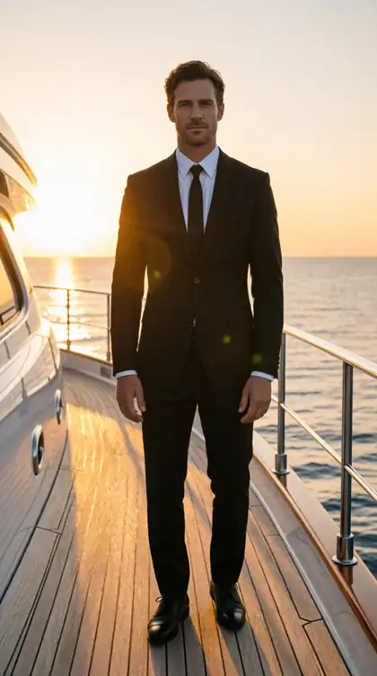 Before: man in a suit in a studio. After: the same man on a yacht at sunset