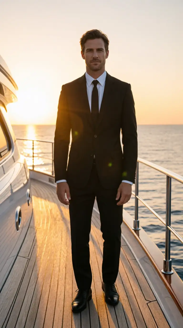 Before: man in a suit in a studio. After: the same man on a yacht at sunset — after