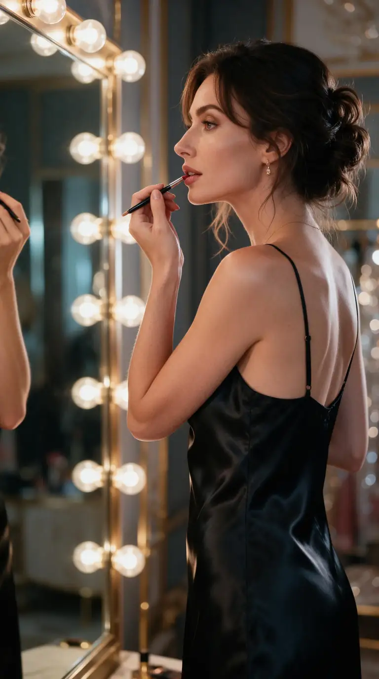 Before: black slip dress, loose hair. After: emerald satin dress and a sleek ponytail — before
