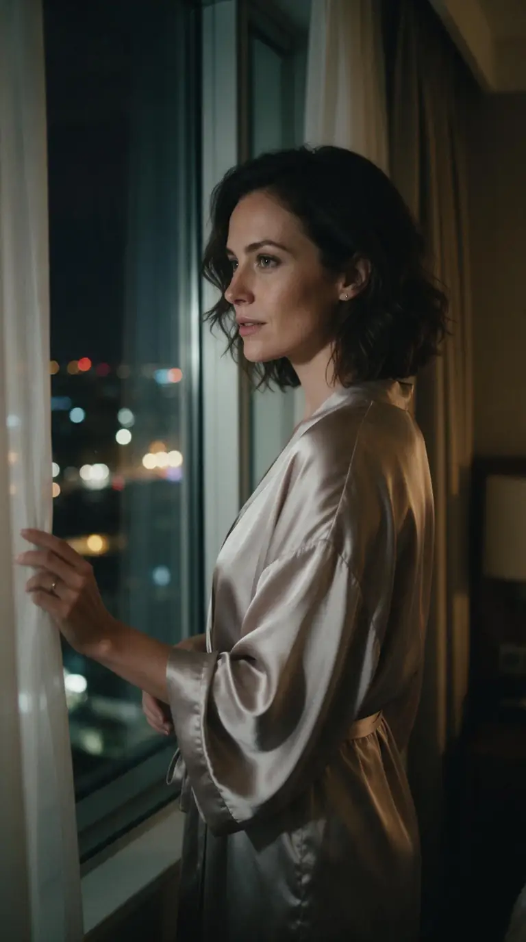 Before: woman in a satin robe by a window. After: the same woman with smoky eyes and red lipstick — before