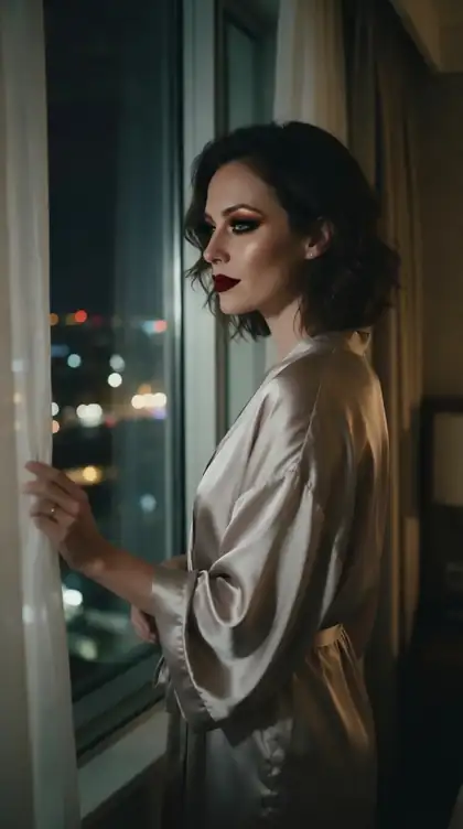 Before: woman in a satin robe by a window. After: the same woman with smoky eyes and red lipstick