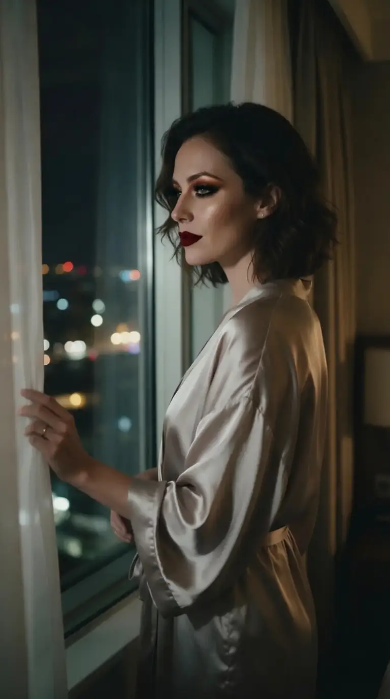 Before: woman in a satin robe by a window. After: the same woman with smoky eyes and red lipstick — after